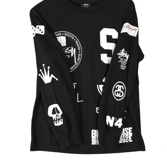 Vintage 90s Stussy Black Long Sleeve Graphic T Shirt Mens Size S Skull Logo